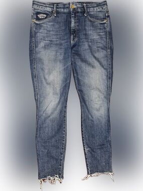 MOTHER Distressed Medium Blue Cropped Straight Jeans